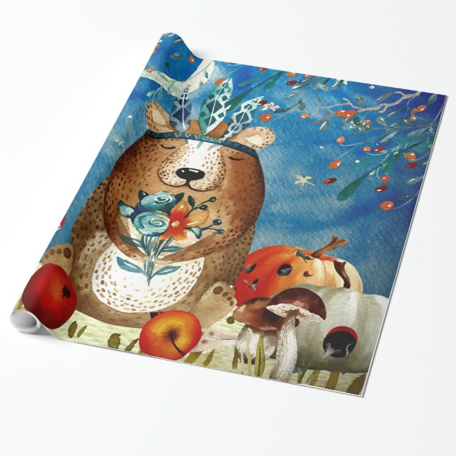 Papel De Regalo Autumn Woodland Friends Ilustracion forestal (Desenrollado)