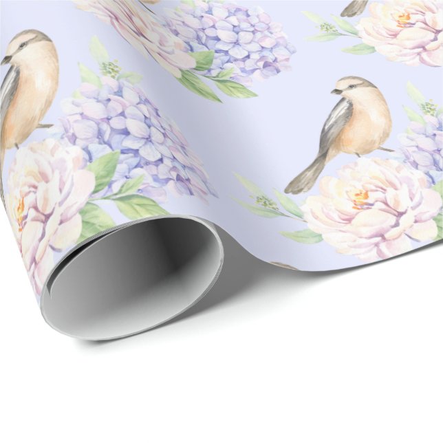 Papel De Regalo Ave acuarela en Hydrangea (Esquina del rollo)