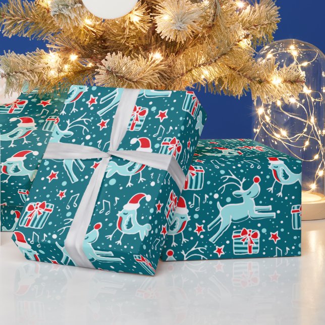 Papel De Regalo Ave de reno musical verde azulado Navidades rojos  (Vacaciones)