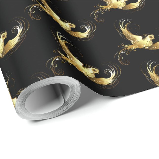 Papel De Regalo Ave dorada sobre fondo negro (Esquina del rollo)