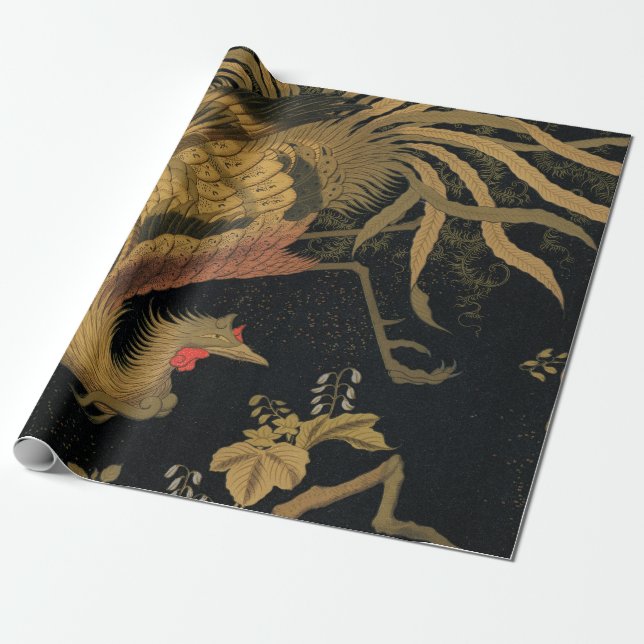 Papel De Regalo Ave dorado de gallo clásico japonés antiguo (Desenrollado)