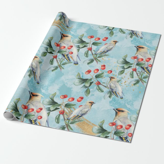 Papel De Regalo Ave finca, vegetación de Navidades, baya roja (Desenrollado)