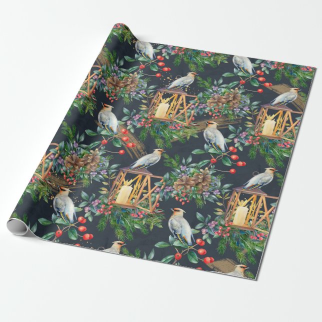 Papel De Regalo Ave finca, vegetación de Navidades, baya roja, vel (Desenrollado)