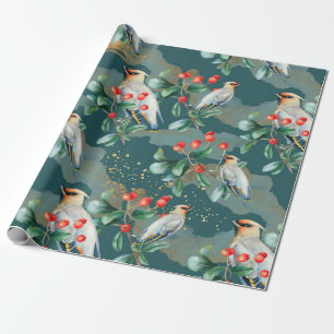 Papel De Regalo Ave finca, vegetación Navidad, baya roja