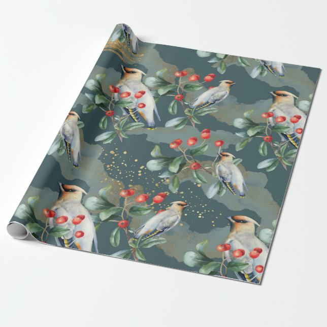 Papel De Regalo Ave finca, vegetación Navidad, baya roja (Desenrollado)