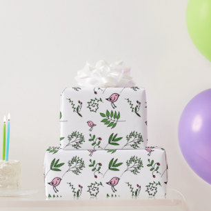 Papel De Regalo Ave rosa y extravagante y hojas verdes