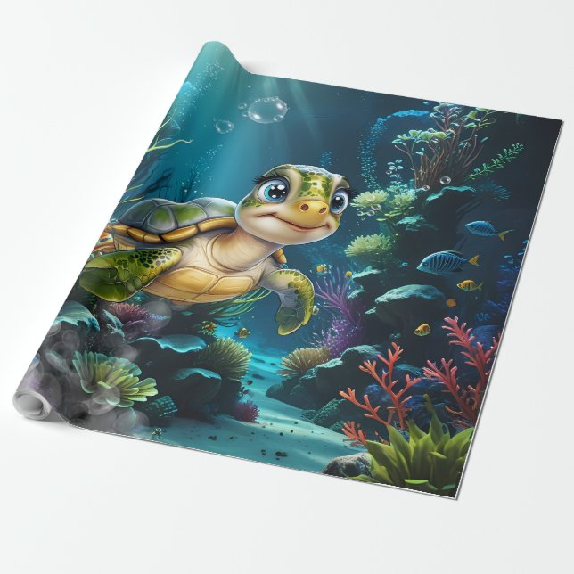 Papel De Regalo Aventuras submarinas con la alegre tortuga. (Desenrollado)