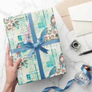 Papel De Regalo Aves Azules Vintage En La Éfemera Francesa