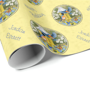 Papel De Regalo Aves azules y amarillos redondos