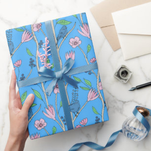 Papel De Regalo Aves azules y flores rosas