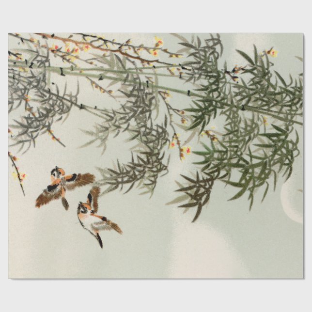 Papel De Regalo Aves Bambú Vintage asiático japonés (Superficie plana)