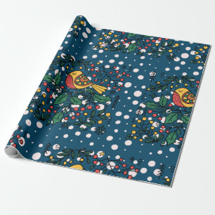 Papel De Regalo Aves Coloridas Con Patrón Floral Vintage Azul