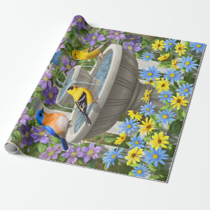 Papel De Regalo Aves coloridas y Jardín de flores de baño de pájar