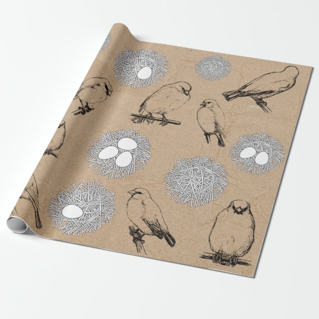 Papel De Regalo Aves de época y Nest Rustic Kraft Brown (Desenrollado)