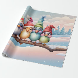 Papel De Regalo Aves de fantasía con gorras Navidades.
