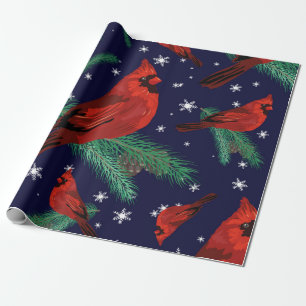Papel De Regalo Aves de invierno - cardenales sobre ramas de abeto