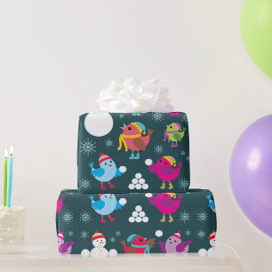 Papel De Regalo Aves de invierno jugando en la nieve con hombre de