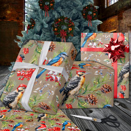 Papel De Regalo Aves de Invierno Pino Cones y Festividades de Berr