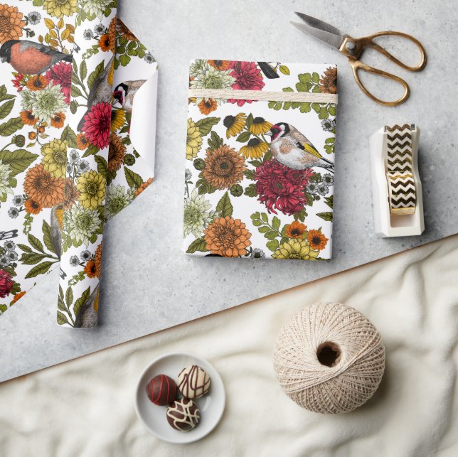 Papel De Regalo Aves de jardín y flores 1 (Artesanía)