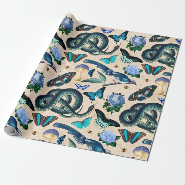 Papel De Regalo Aves de las serpientes azules y mariposa (Desenrollado)