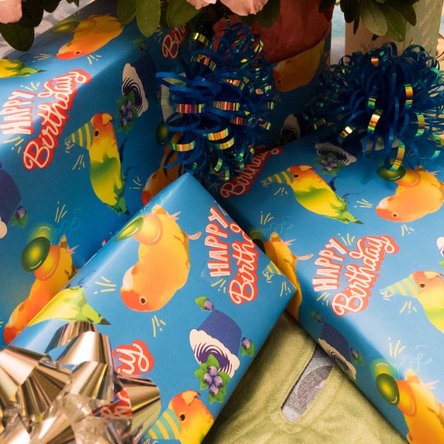 Papel De Regalo Aves de Parto de Aves Brillantes Azul Feliz Cumple (Subido por el creador)