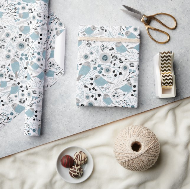 Papel De Regalo Aves de pollo con flores azules grises (Artesanía)