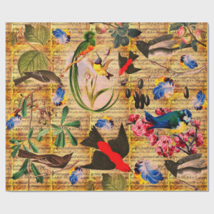 Papel De Regalo AVES DE PRIMAVERA, CARACTERES,FRUTAS Notas de músi