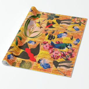 Papel De Regalo AVES DE PRIMAVERA, CARACTERES,FRUTAS Notas de músi