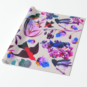 Papel De Regalo AVES DE PRIMAVERA, CUBIERTOS Y FRUTOS DE Flor Azul