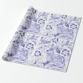 Papel De Regalo Aves Delft Blue White Bunny Conejo Aves Dedham Eas