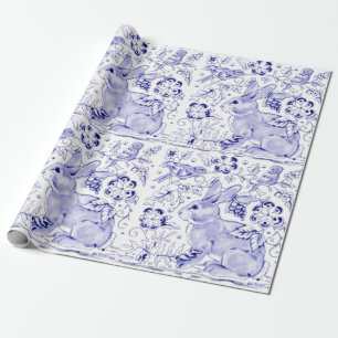 Papel De Regalo Aves Delft Blue White Bunny Conejo Aves Dedham Eas