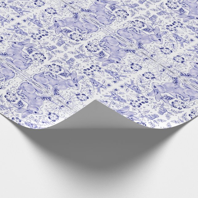 Papel De Regalo Aves Delft Blue White Bunny Conejo Aves Dedham Eas (Esquina)
