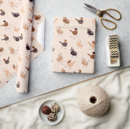 Papel De Regalo Aves divertidas con gorras, estrellas, bayas sobre