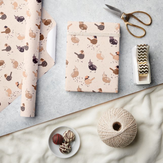 Papel De Regalo Aves divertidas con gorras, estrellas, bayas sobre (Artesanía)