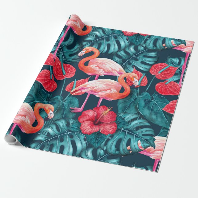 Papel De Regalo Aves flamencas y acuarela de jardín tropical (Desenrollado)