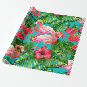 Papel De Regalo Aves flamencas y acuarela de jardines tropicales