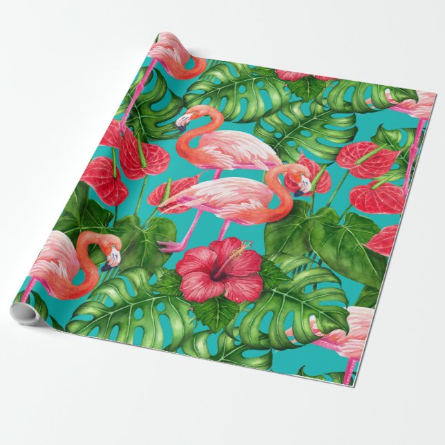 Papel De Regalo Aves flamencas y acuarela de jardines tropicales (Desenrollado)
