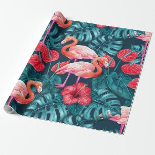 Papel De Regalo Aves flamencas y acuarela de jardines tropicales