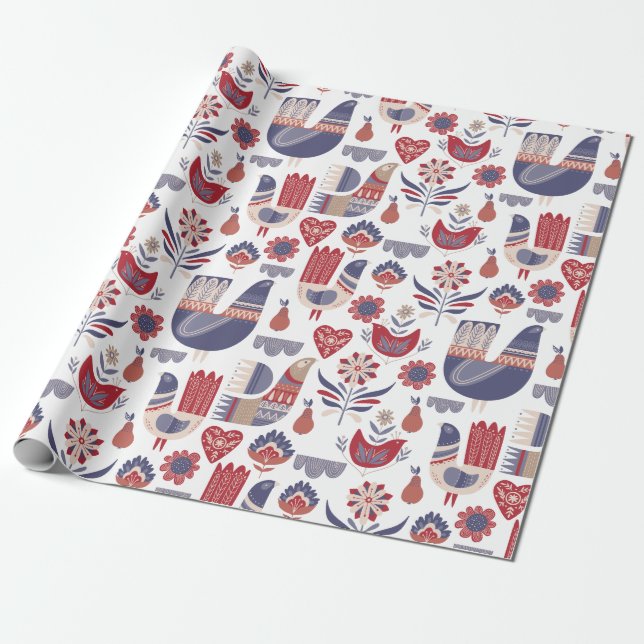 Papel De Regalo Aves Florales Escandinavas de Invierno (Desenrollado)