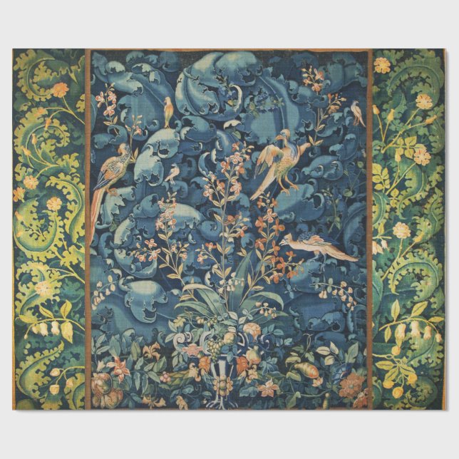 Papel De Regalo AVES, FLORES Y HOJAS DE CABAGO, Azul (Superficie plana)