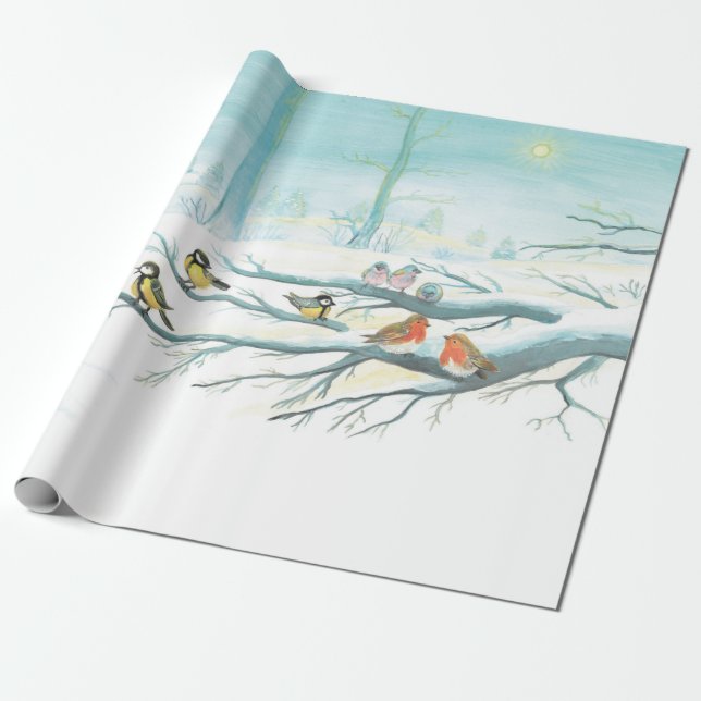Papel De Regalo Aves forestales en invierno (Desenrollado)