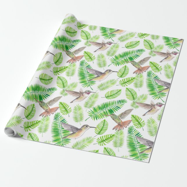 Papel De Regalo Aves húmedas y hojas tropicales (Desenrollado)