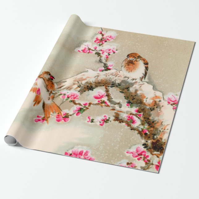 Papel De Regalo Aves japonesas ventilares en una rama (Desenrollado)