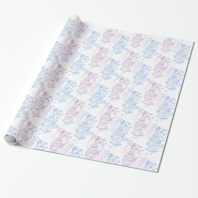 Papel De Regalo Aves jaula boda azul púrpura (Desenrollado)