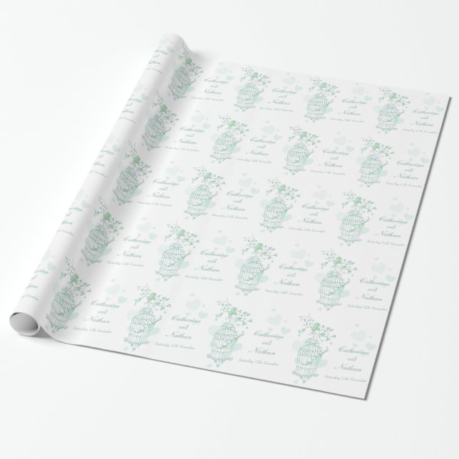 Papel De Regalo Aves jaula boda verde y blanco envoltura personali (Desenrollado)