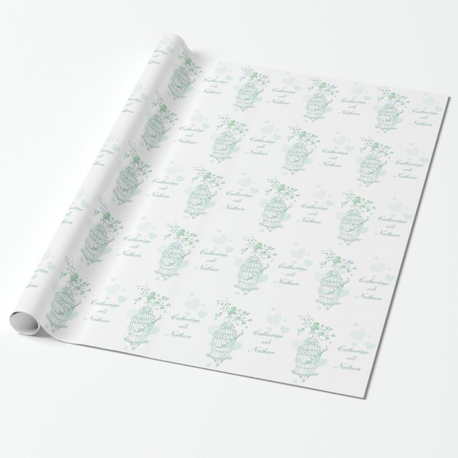 Papel De Regalo Aves jaula boda verde y blanco envoltura personali (Desenrollado)