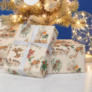 Papel De Regalo Aves navideñas antiguas y alegres