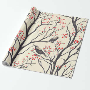 Papel De Regalo Aves Navideñas Rústicas Bayas Rojas Crema