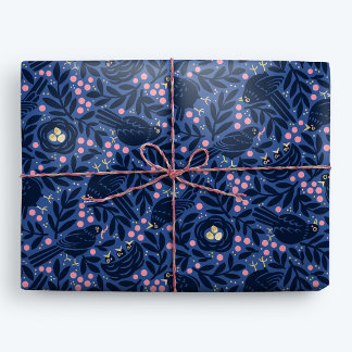 Papel De Regalo Aves negras y nido con huevos dorados azul y rosa
