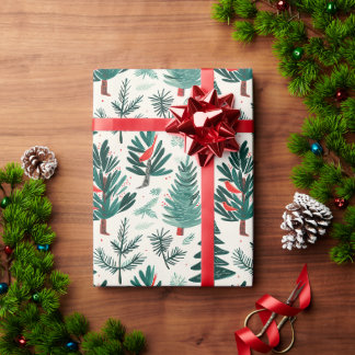 Papel De Regalo Aves Rojas Y Árboles Verdes En Un Fondo Blanco